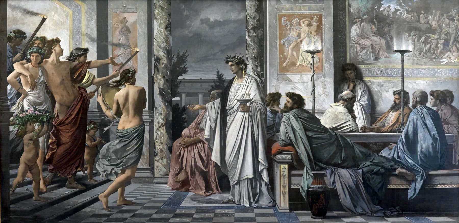 Anselm Feuerbach, Plato's Symposium: Alcibiades and his revellers arriving at the banquet where Socrates sits among the guests