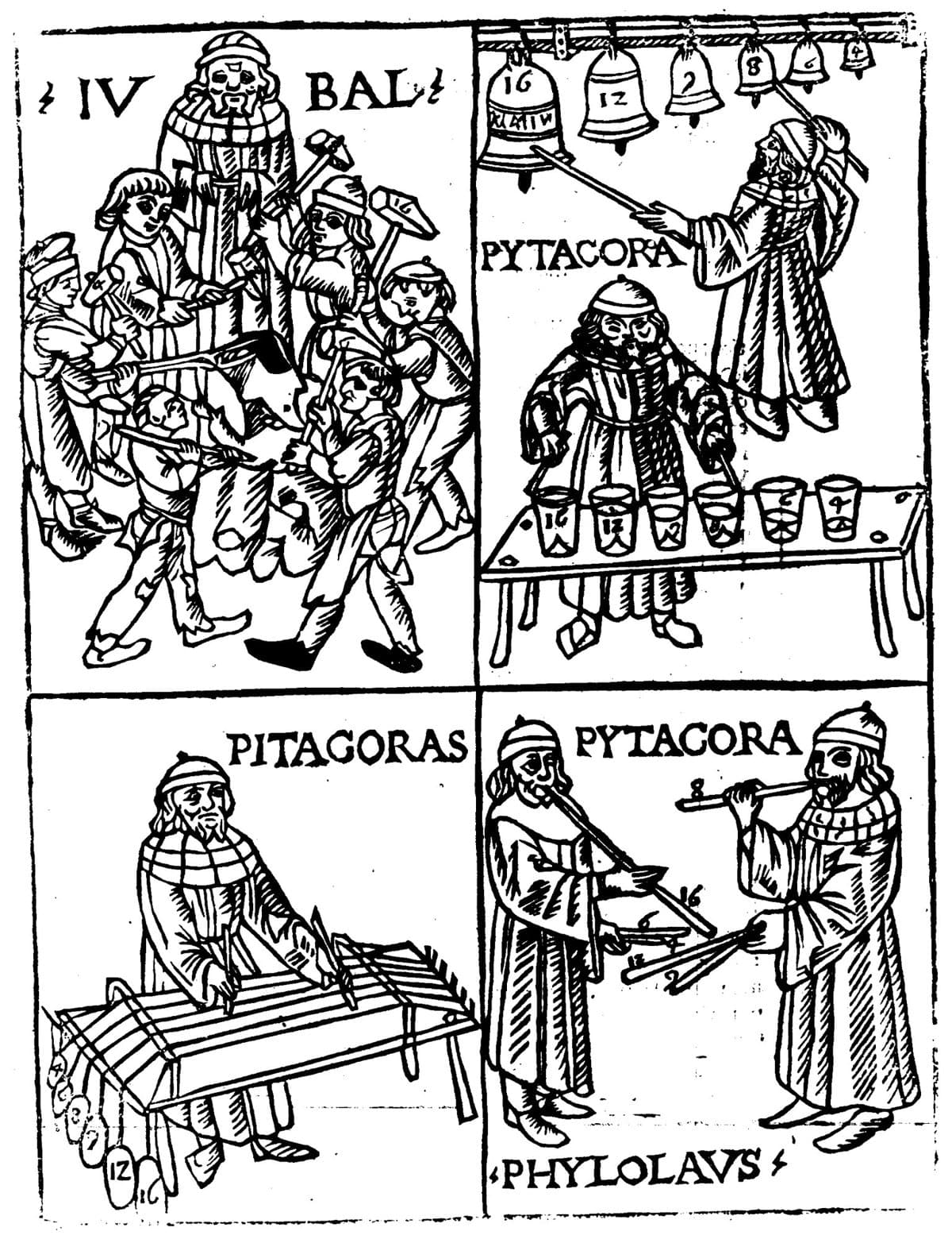 Woodcut of Pythagoras testing musical ratios on bells, glasses, strings and pipes, from Gaffurio's Theorica musicae, 1492