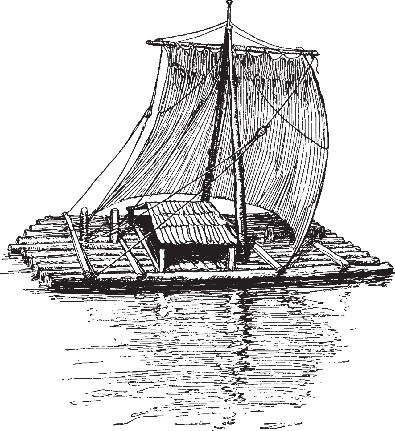 An engraved raft with a sail, on still water